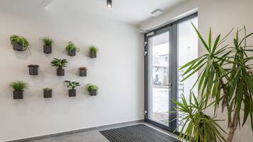 A modern interior with a series of potted plants on the wall, a large window with a view of the outside, and a black floor mat near the entrance.