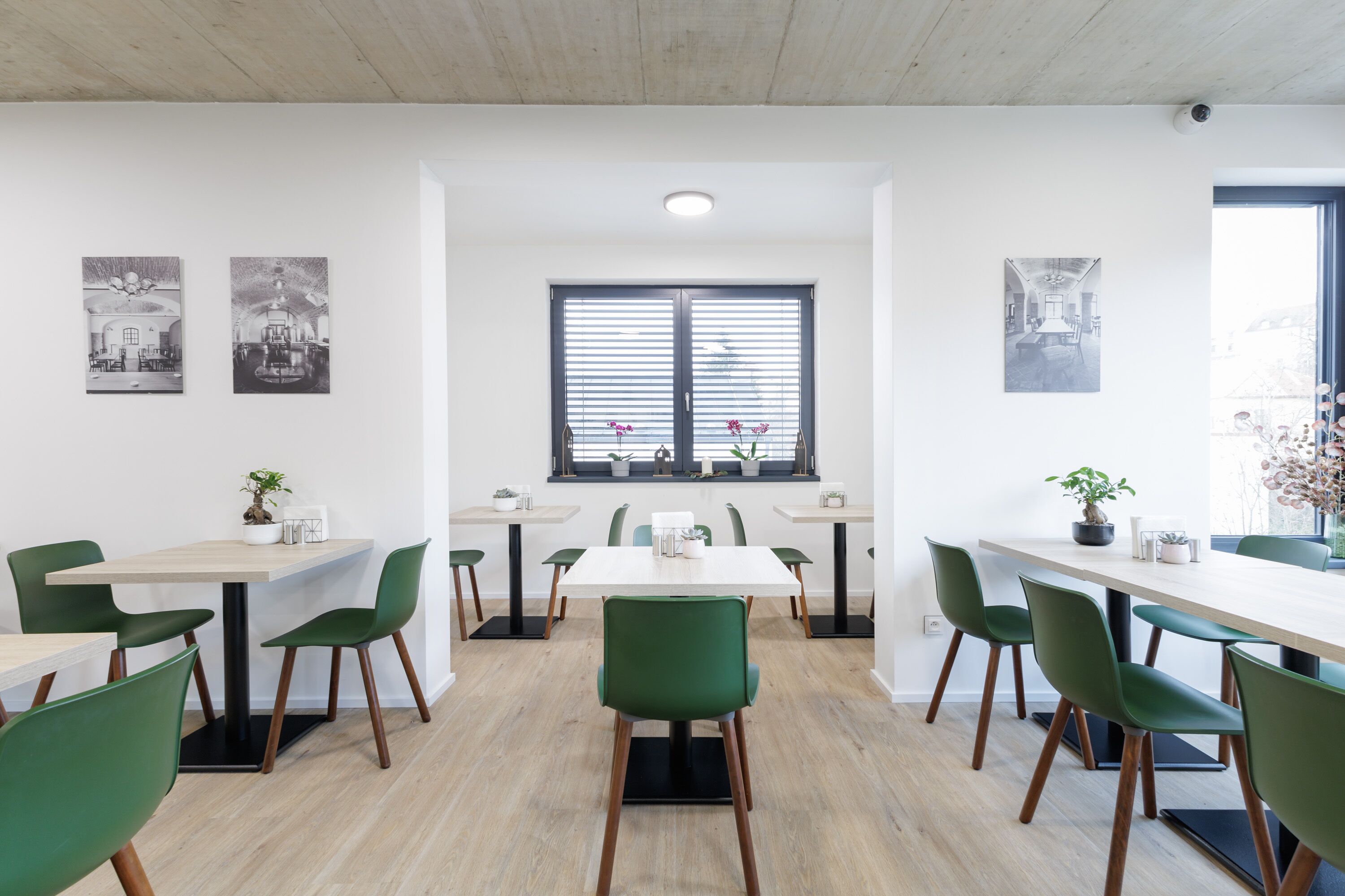A modern dining area with multiple tables and green chairs, featuring a large window with blinds and potted plants.