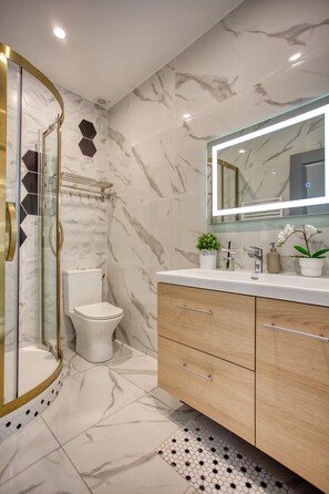 Douche, séchoir à cheveux, serviettes fournies, savon