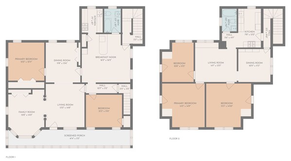 Två planritningar över ett hotell med ett huvudsovrum, matsal, vardagsrum, familjerum, inglasad veranda och två hallar.