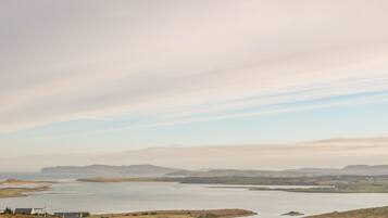 A coastal landscape with houses and a large body of water.