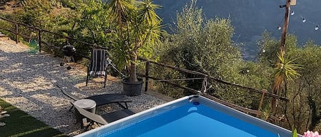 En pool med udsigt til bjerge, omgivet af grønt og blomster.