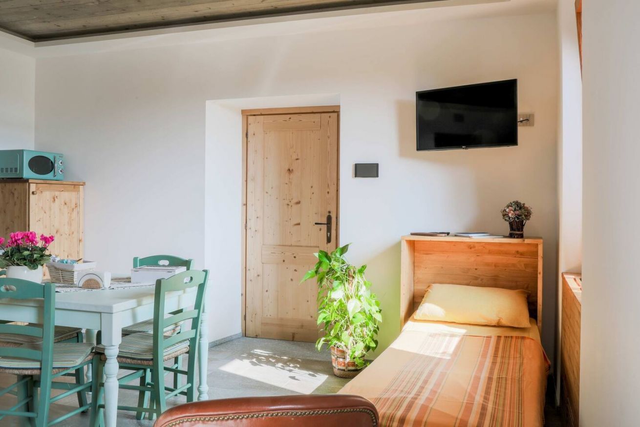 Une pièce avec une porte en bois, un lit recouvert d’une couverture à rayures, un téléviseur fixé au mur, une table à manger avec des chaises et une plante en pot.