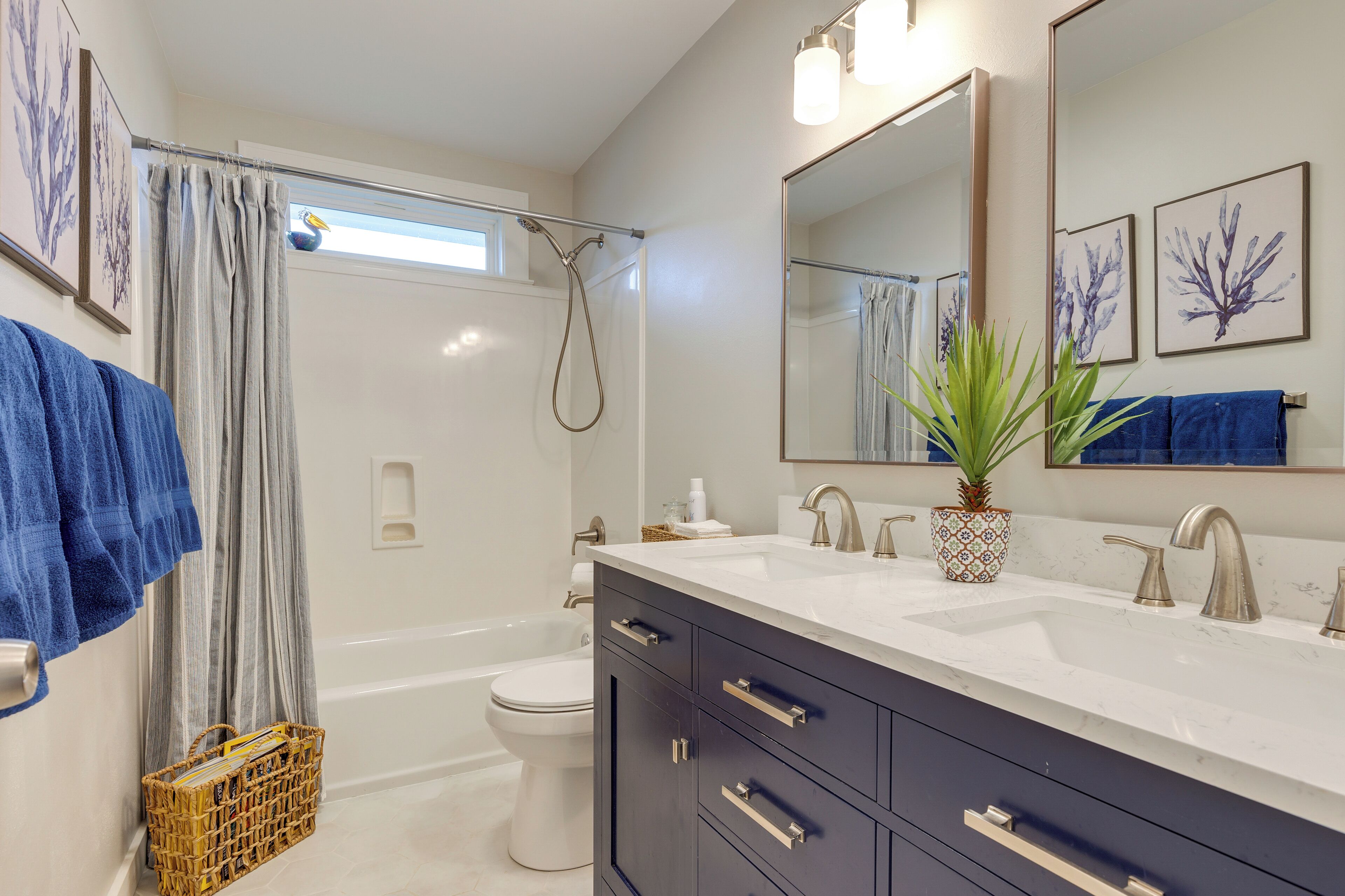 A bathroom with a bathtub, toilet, and a shower. There are towels hanging on the wall and a plant on the counter.