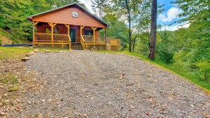 A wooden cabin with a porch, surrounded by a gravel driveway and dense forest. - Mtn View + Fire Pit: Pet-friendly Woodlawn Cabin! (Woodlawn)