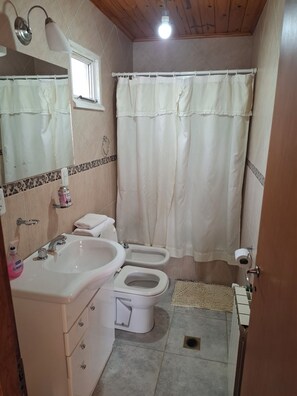 Hair dryer, bidet, towels, soap