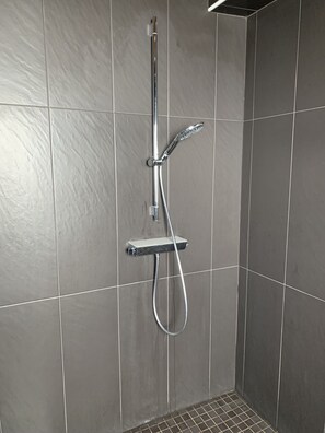 Regadera, secadora de cabello, papel de baño 