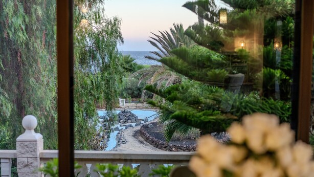 A view of a landscaped garden with a water feature, a stone pathway, and a view of the sea.
