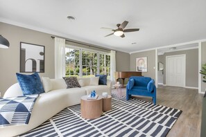 Smart TV, fireplace, table tennis, books