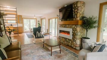 Smart TV, fireplace, books