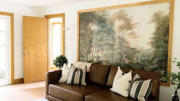 Smart TV, fireplace, books