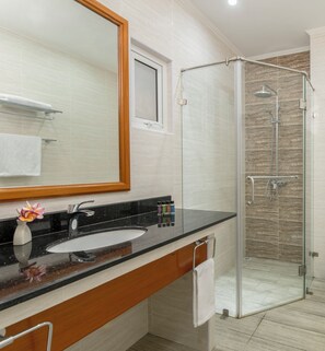 A bathroom with a large mirror, a sink, a shower, and a wooden vanity. - Voilà Beau Vallon (Mahé Island)