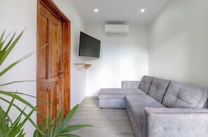 Una habitación con un sofá gris, una puerta de madera, un televisor montado y un equipo de aire acondicionado.