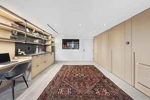 A modern, well-lit room with a desk, chair, shelves, and a large rug.