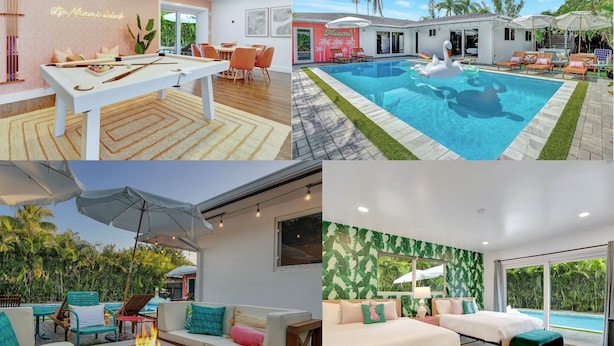 A modern hotel interior with a pool area, a dining area, and a bedroom with a view. - ~NEW~Casa Miami~Luxury Oasis w/ Pool&Game Paradise (Miami)
