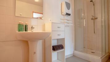 Een badkamer met een wastafel, spiegel, handdoekhouder en een douche met glazen wanden.