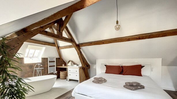 A bedroom with a sloped ceiling, a large bed, a white dresser, a white bathtub, and a potted plant. - Appartement au Coeur de Ville (Sens)