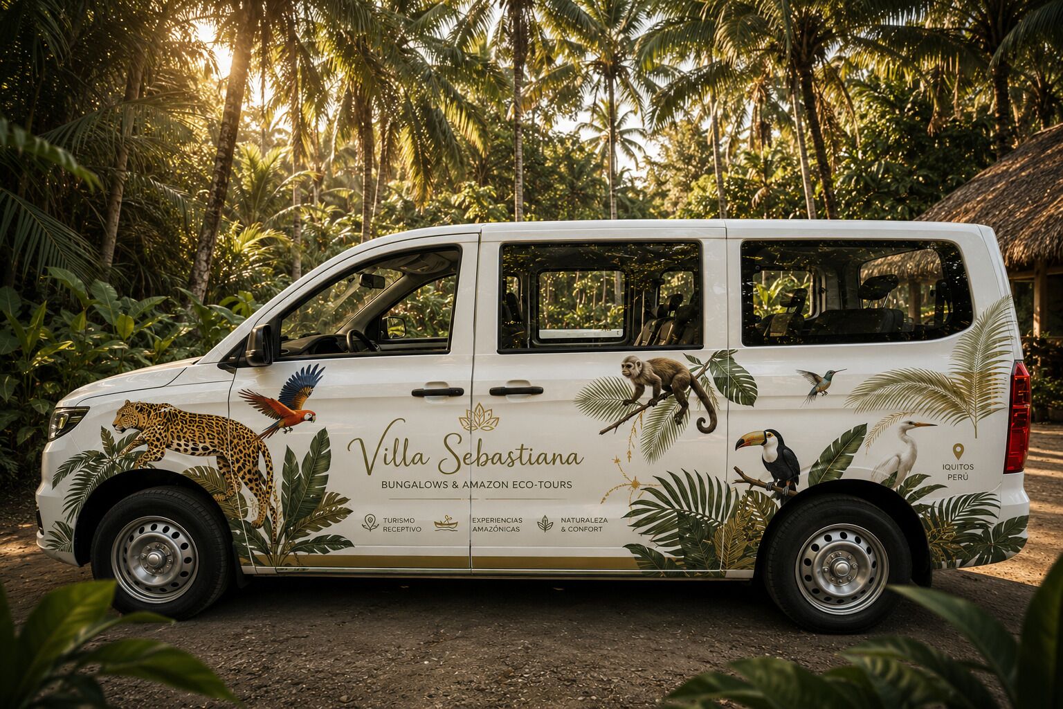 Un furgone bianco con la scritta 'Villa Sebastiana' e 'BUNGALOWS & AMAZON ECO-TOURS' sui fianchi, circondato da una vegetazione lussureggiante.