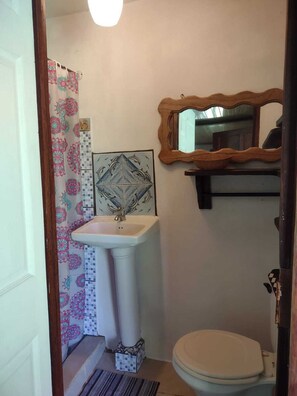 Chuveiro, toalhas de banho, sabonete, papel higiênico