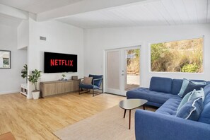 TV connectée, cheminée, livres, chaîne hi-fi
