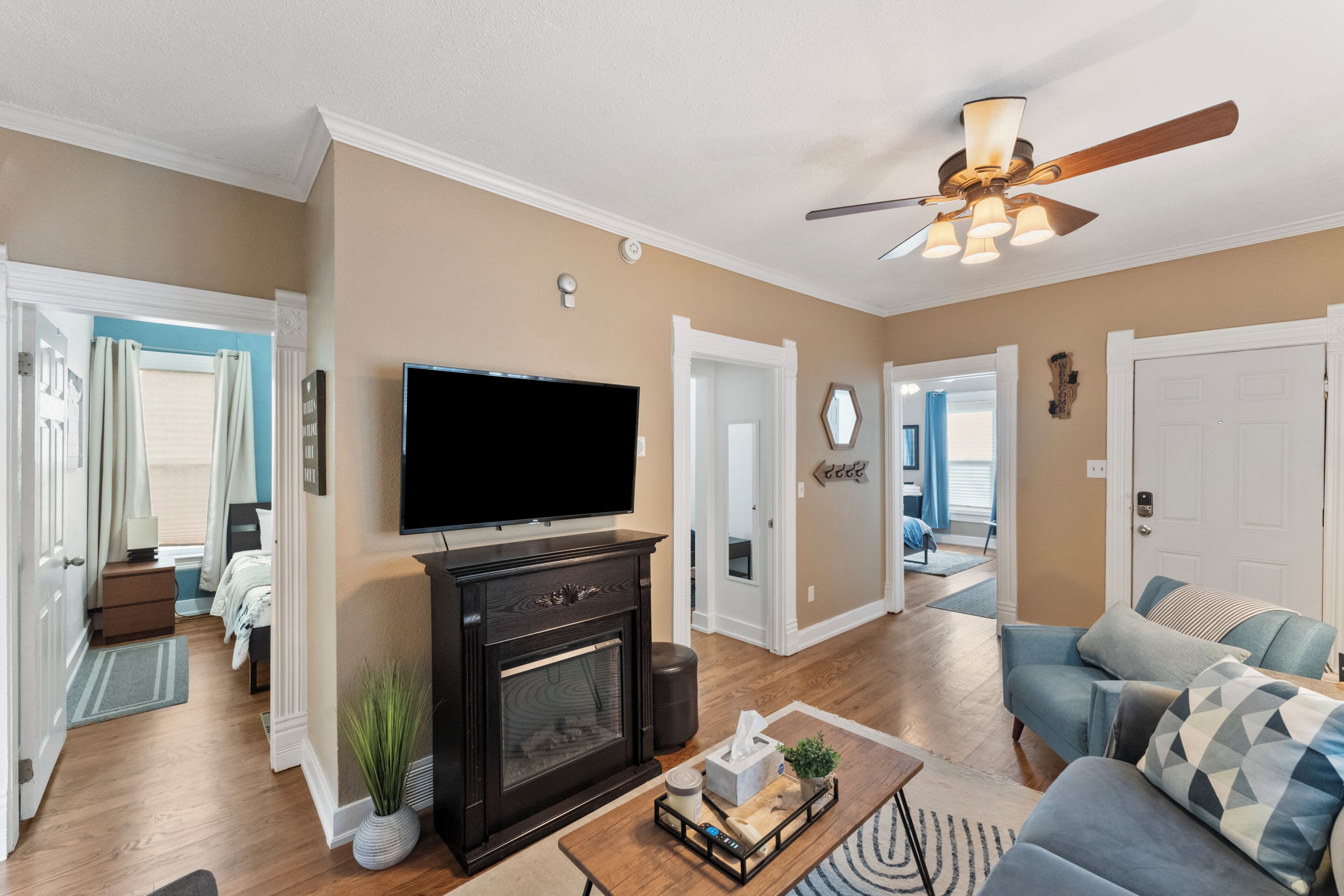 Smart TV, caminetto, libri