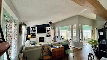 Smart TV, fireplace, books