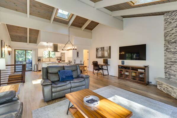 TV, fireplace, books