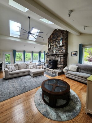 Smart TV, fireplace, books, printers