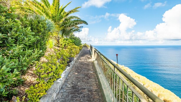 A stone pathway leading to a coastal area with lush greenery and a clear view of the ocean. - Green Valley by Homie (Porto Moniz)