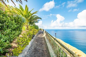 A stone pathway leading to a coastal area with lush greenery and a clear view of the ocean. - Green Valley by Homie (Porto Moniz)