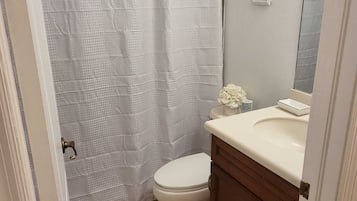 Hair dryer, towels, soap, shampoo