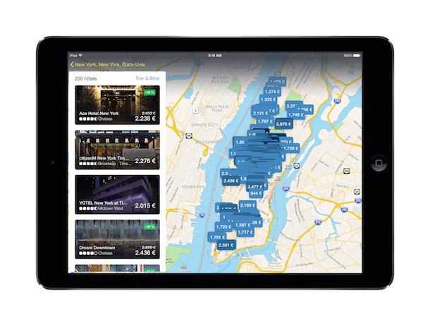 Tablette affichant les résultats d’hôtels sur l’appli