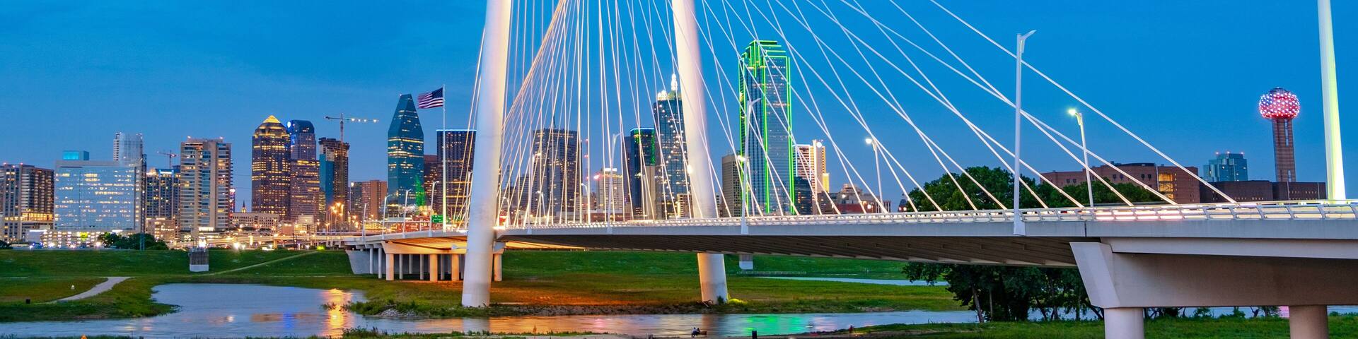 Dallas skyline looking from Trinity River at dusk