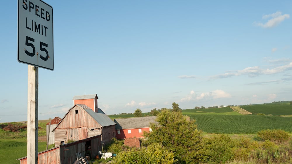 Red farm in historic Amana colonies in in east-central Iowa state, USA