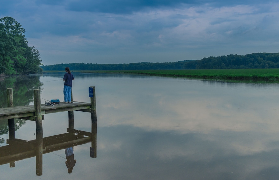 La Plata, Maryland, USA - Jun 2, 2018: Sunset on a quiet lake in a Maryland park