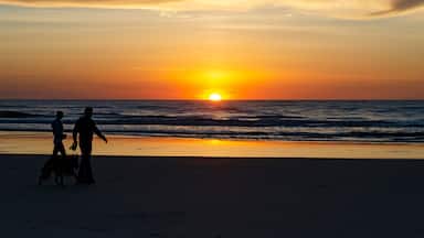 A sunset over the ocean with silhouettes of people and a dog on the beach.