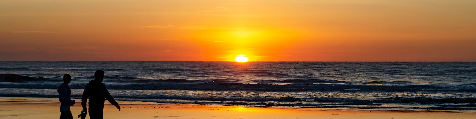 A sunset over the ocean with silhouettes of people and a dog on the beach.