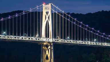 Night photo of the support tower of the Mid-Hudson suspension bridge located near Poughkeepsie, New York