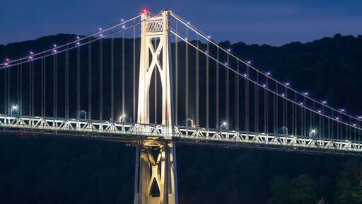 Night photo of the support tower of the Mid-Hudson suspension bridge located near Poughkeepsie, New York