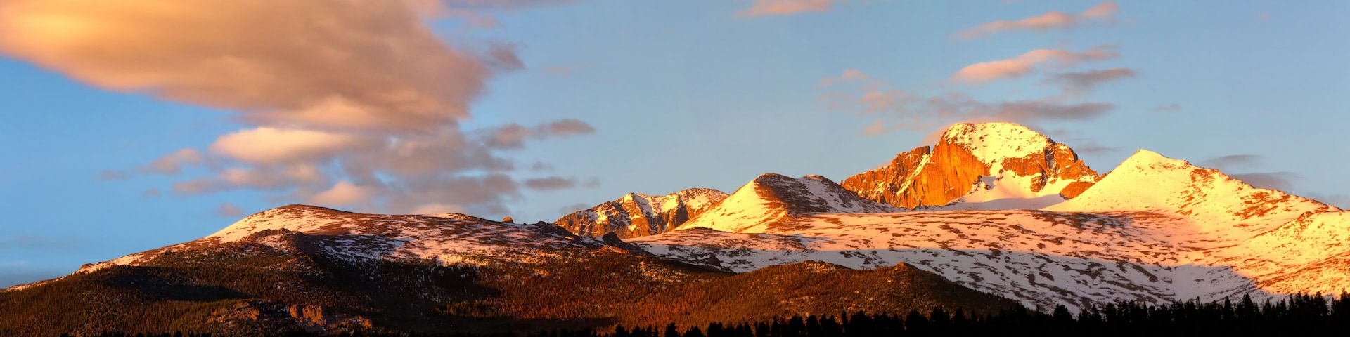 A mountain range with snow-capped peaks and a forested foreground.