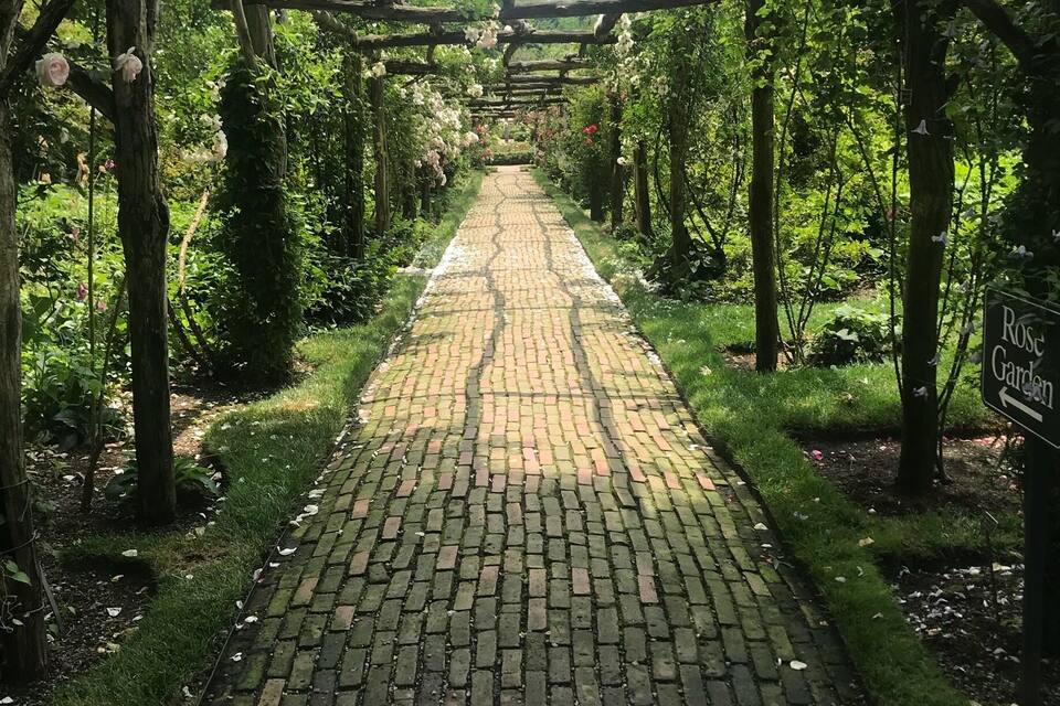 A brick pathway leading through a garden with a wooden pergola overhead.