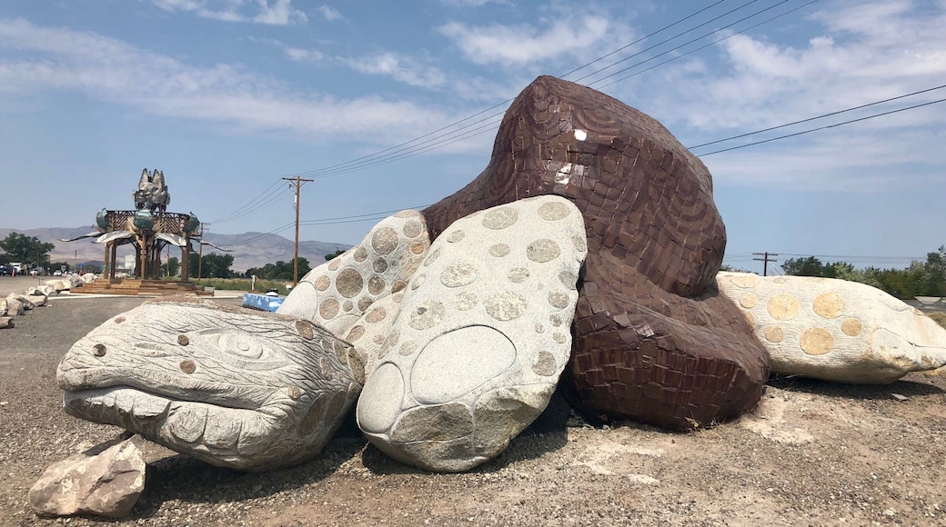 Weighing in at 70 Tons this boulder built Tortoise was completed in 2014. You can just make out the bottlecap gazebo in the distance.