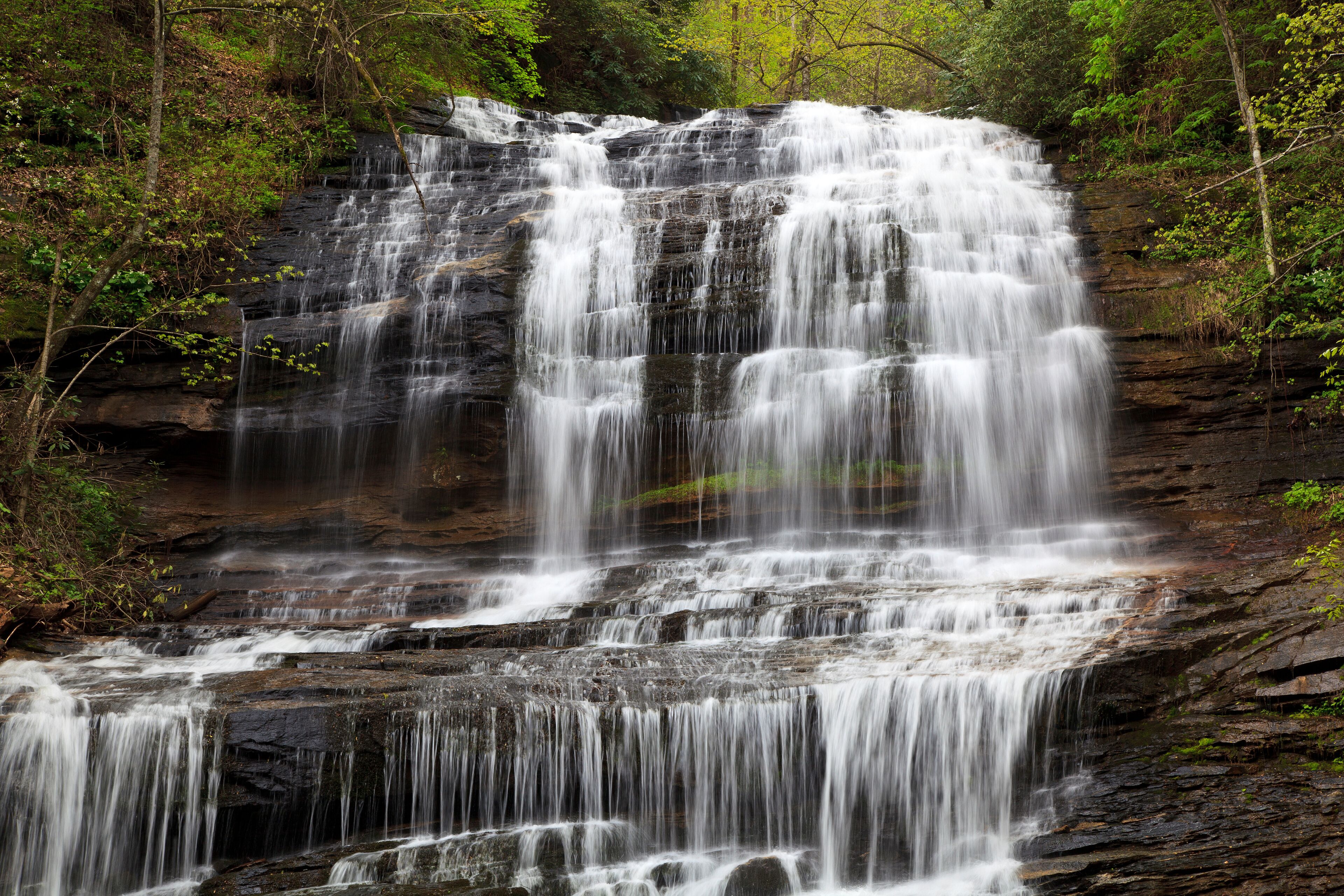 A multi-tiered waterfall surrounded by dense forest.