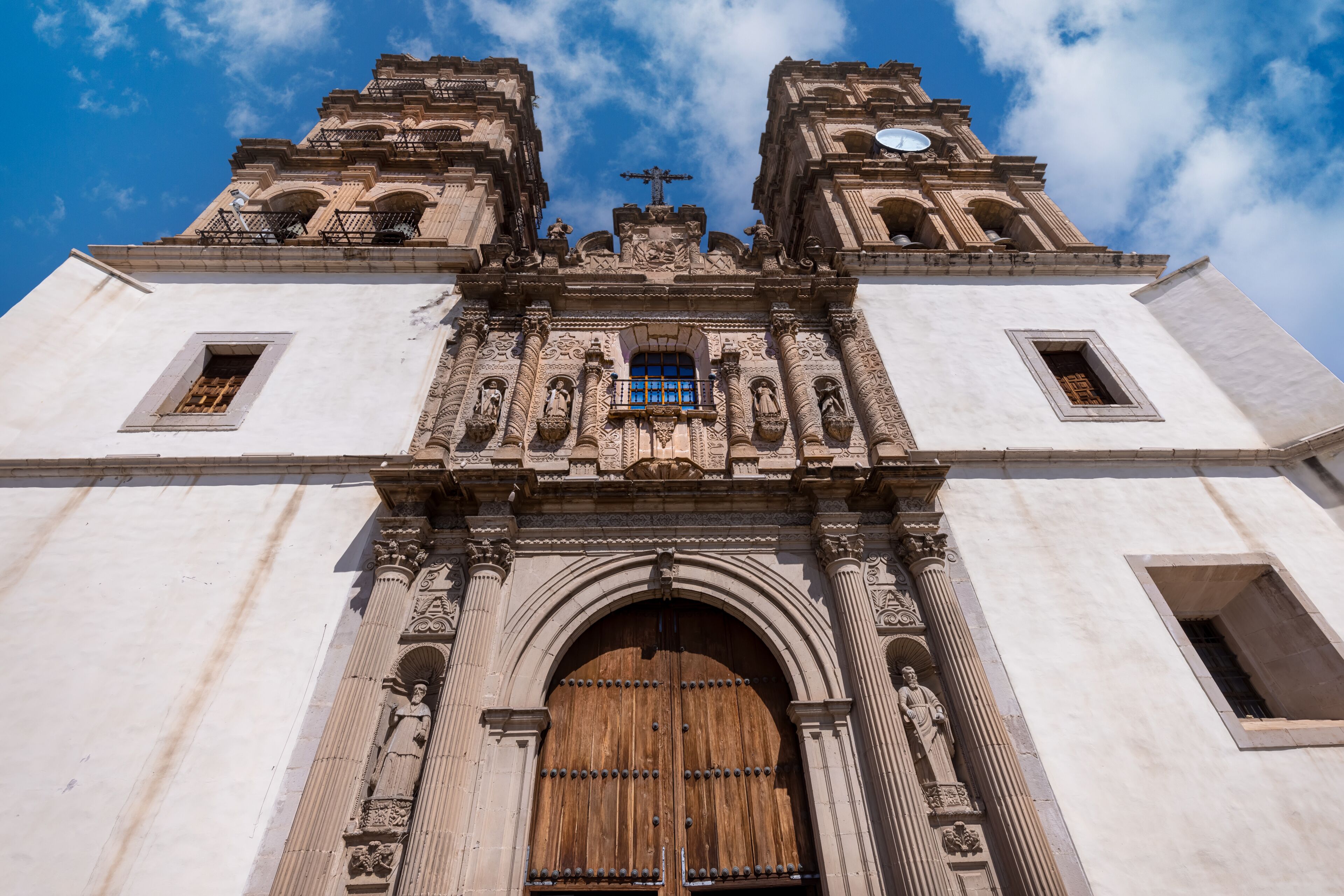 Mexico, Catholic church of Cathedral Basilica of Durango in colonial historic city center located opposite Durango central square Plaza de Armas.