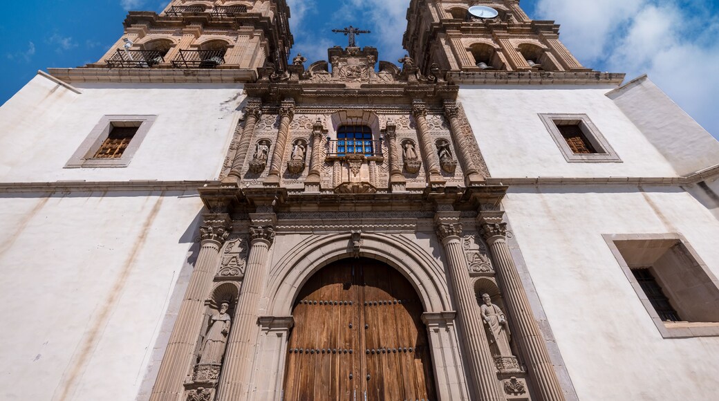 Mexico, Catholic church of Cathedral Basilica of Durango in colonial historic city center located opposite Durango central square Plaza de Armas.