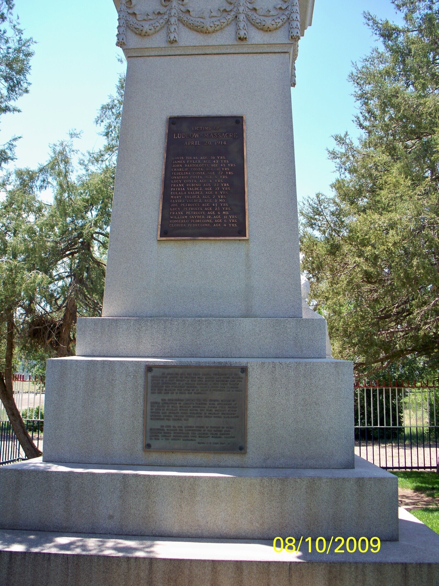 The Ludlow Massacre was an attack by the Colorado National Guard and Colorado Fuel & Iron Company camp guards on a tent colony of 1,200 striking coal miners and their families at Ludlow, Colorado, on April 20, 1914. 

Some two dozen people, including women and children, were killed. 

The chief owner of the mine, John D. Rockefeller, Jr., was widely criticized for the incident.