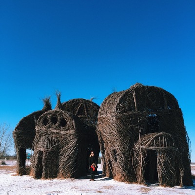 Public sculpture called "Lean On Me" is these 4 giant huts created with willow branches. Beautiful and amazing. About 1.5 hours from Minneapolis. Worth a visit before they are due for their scheduled removal. #snow