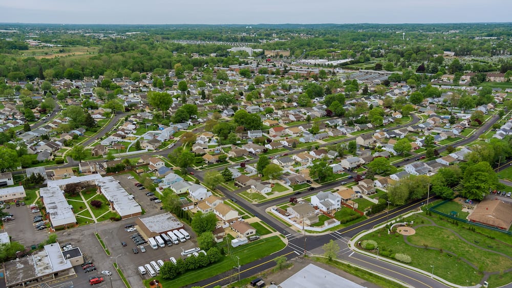 Flight with a drone over a house in small town on a Bensalem Pennsylvania on USA