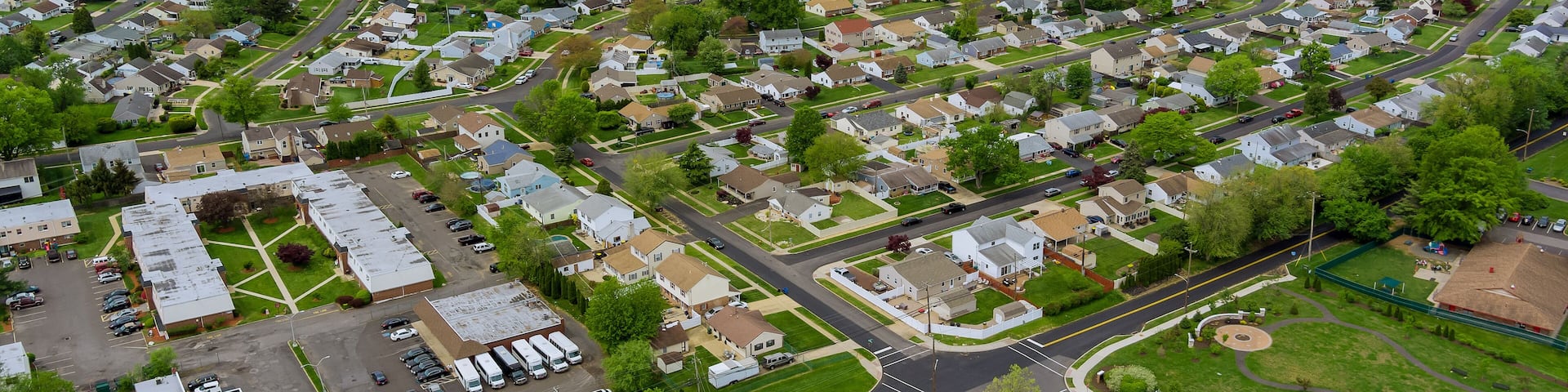 Flight with a drone over a house in small town on a Bensalem Pennsylvania on USA