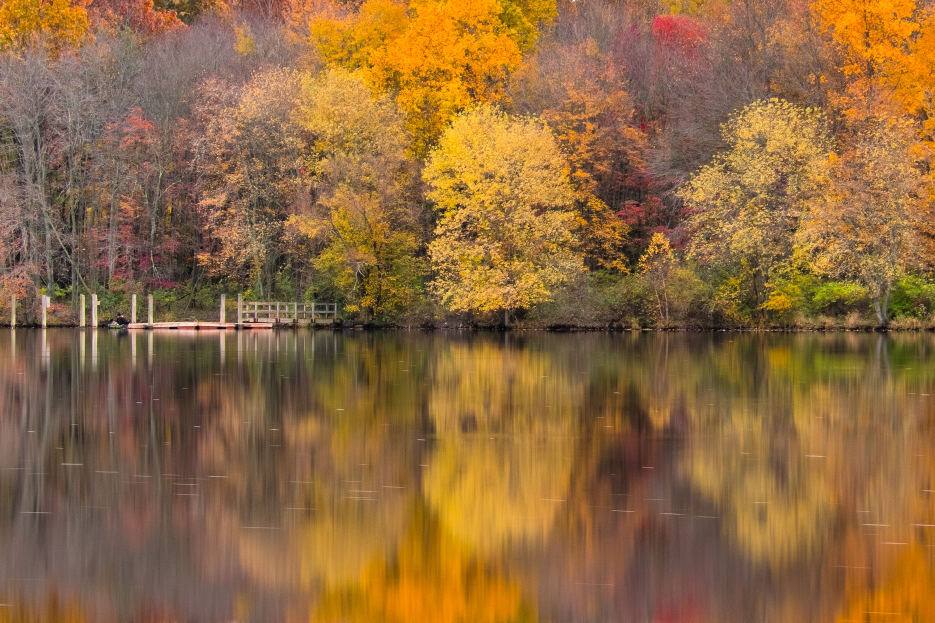 A calm lake reflecting autumn trees with yellow and red foliage.